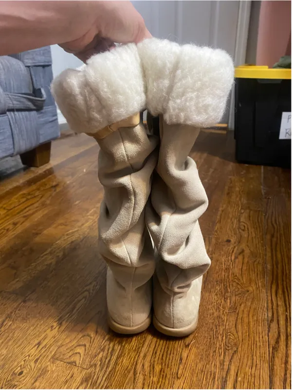Vintage Liz Claiborne Leather Boots Slouch Knee High Cream Faux Fur Y2K Indie 10 - Image 3