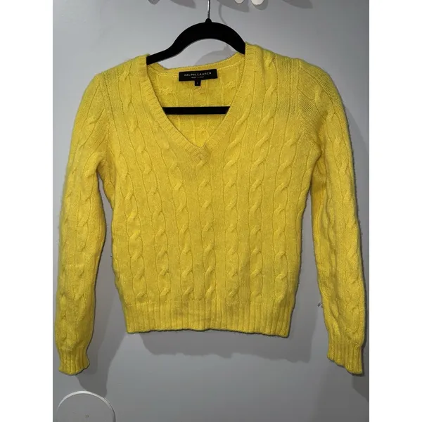 $398 Ralph Lauren Black‎ Label Women's Cable-Knit Cashmere Sweater Sz L Yellow X - Image 3