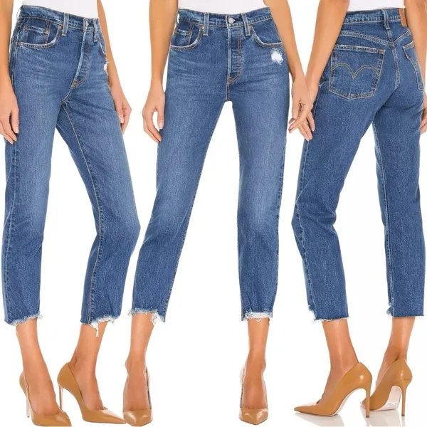 Levi's 501 Premium Crop Jeans in Charleston Fun Size 27 Big E Distressed Raw Hem - Image 3