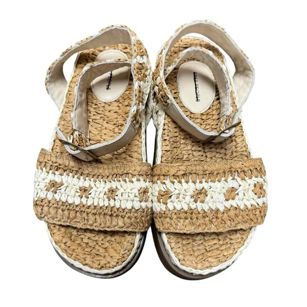 Free People FP Roma Raffia Slip On Ankle Strap Platform Sandals Tan White 8 - Image 5