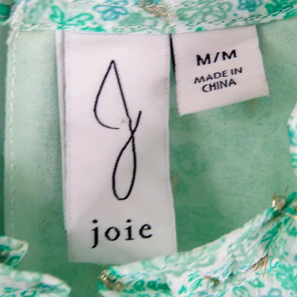 Joie Green Floral Babydoll Blouse with Gold Accents Short Sleeve Medium - Image 6