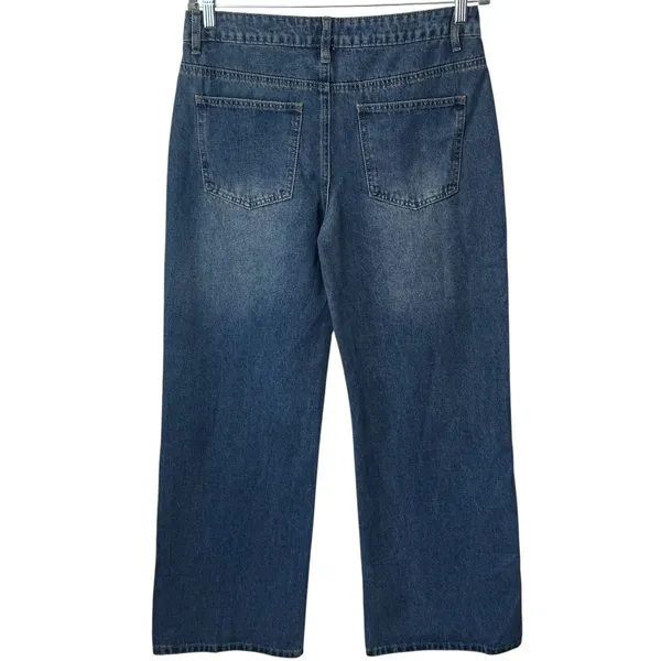 NEW Edikted Mid Rise Wide Leg Distressed Jeans‎ Color Indigo Blue Raw Washed M - Image 5
