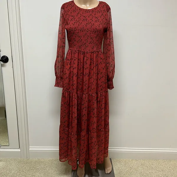 NWT bohme Smocked Tiered Maxi Dress Sheer Sleeves Rust with black design size S - Image 2