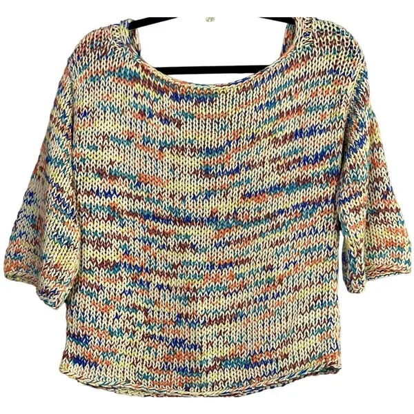 Zara Chunky Knit Relaxed Sweater 3/4 Sleeve Scoop Back S Multicolorfull Cream - Image 2