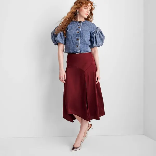 NWT Future Collective Holiday Flowy Satin Midi Skirt 92248804 Burgundy Red XS - Image 3