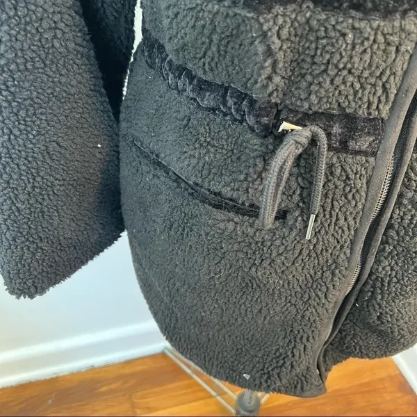 Milligram Womens Teddy Jacket Full Zip Black Zipper Pocket Faux Suede Drawstring - Image 5
