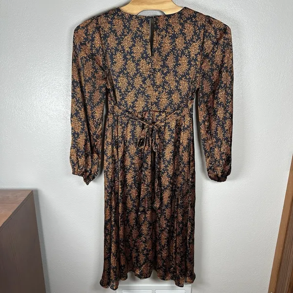Lulus Floral Long Sleeve Satin V-neck Midi Dress Womens Size XL Navy Blue Orange - Image 4
