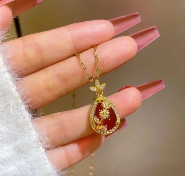 18K Gold Plated Red Crystal Flower Pendant Necklace for Women - Image 2