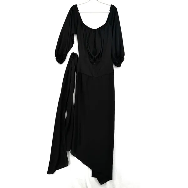 Four National Black Satin Asymmetrical Midi Dress Tie Waist Romantic Goth Size 4 - Image 2