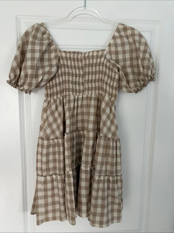 Peixoto Coco Beige and White Gingham Puff Sleeve Mini Dress Size Small - Image 8