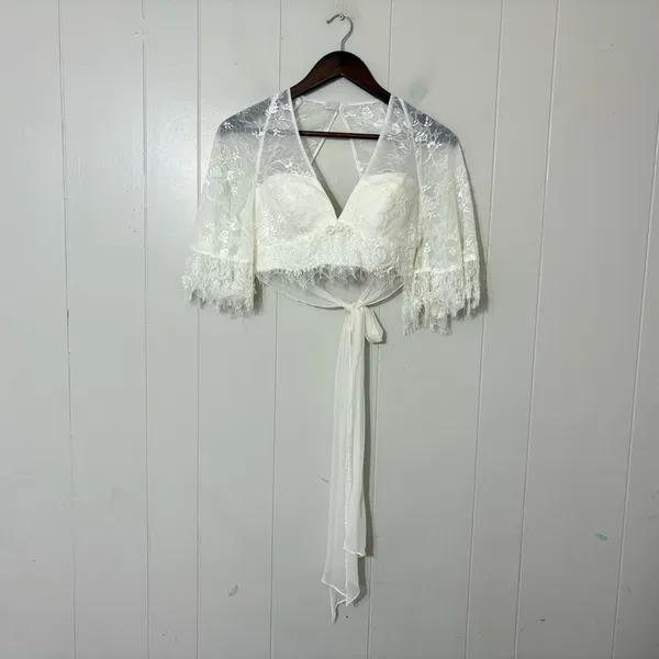 Sherri Hill Ivory Lace Bridal Topper Shrug Size 4 Open Back Wedding Lace Bolero - Image 10