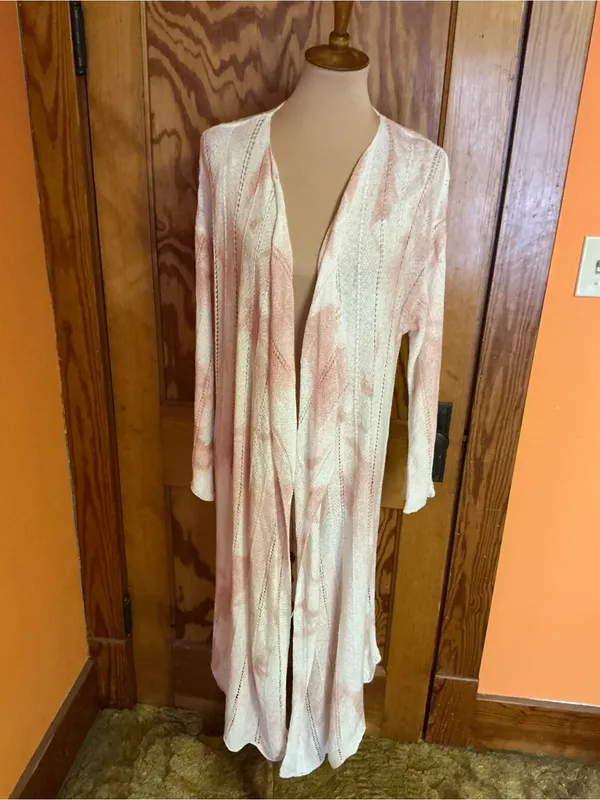 POL Long Open Front Duster Cardigan Large Pink Ivory Tie Dye Pointelle Knit Boho - Image 6