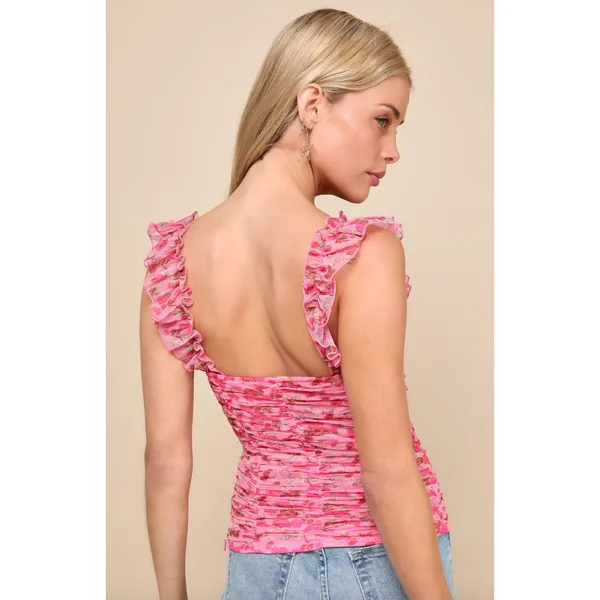 Lulus Flirtatious Sweetness Hot Pink Floral Ruched Ruffled Tank Top Small NWT - Image 2