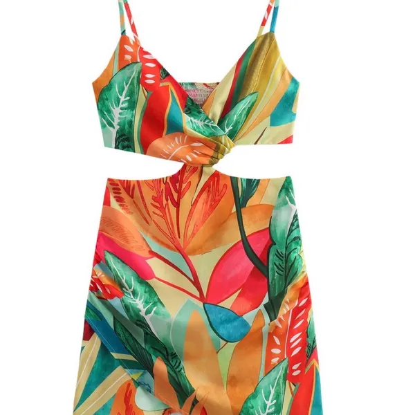 Tropical Leaf Print Cutout Dress - Image 2