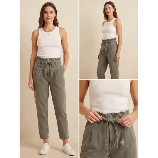 Free People Pants Women XS Olive Green Paperbag‎ Waist Tapered Casual Trousers - Image 2