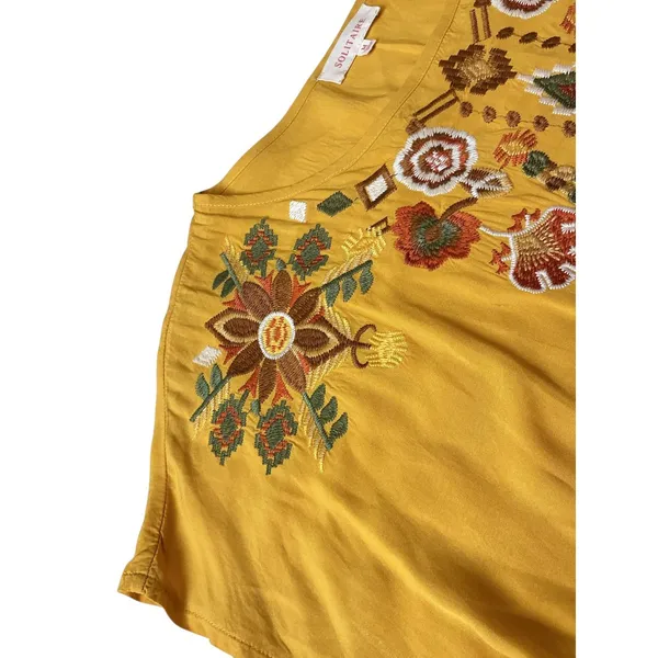 Solitaire Mustard Yellow Embroidered Boho Blouse Rayon Short Sleeve Top 21-232 M - Image 5