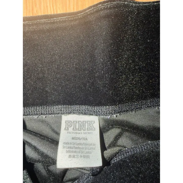 Victoria's Secret PINK Black Velvet Leggings White Side Stripe Velour Pants M - Image 5