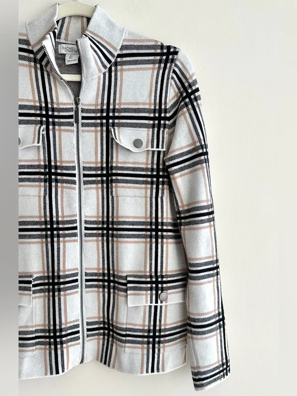 Rachel Zoe Women’s Plaid Sweater Jacket, Black/White/Tan, Fall Outerwear, Large - Image 3