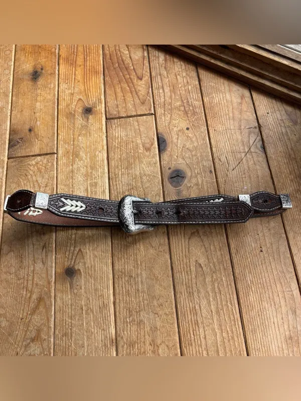 Brown Tooled Leather Belt with Silver Detailing - Image 2