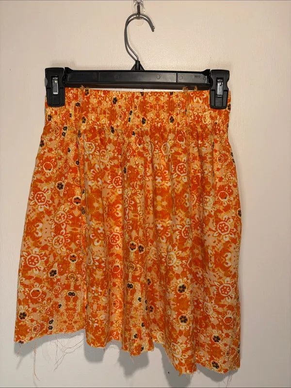 Free People Linen Blend Orange Print Raw Hem Elastic Waist Mini Skirt SZ XS - Image 2
