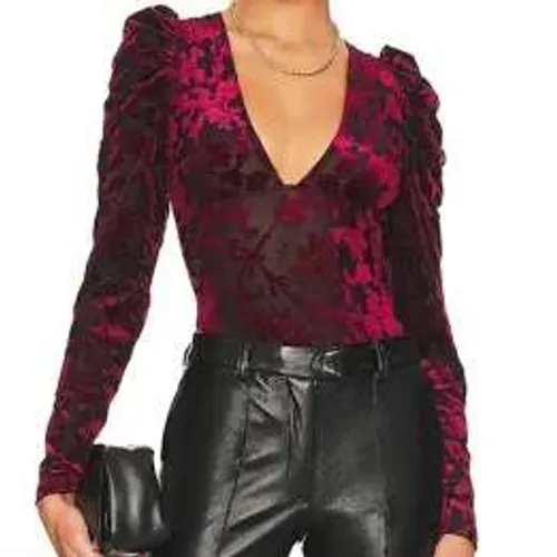 Free People Women Bodysuit S Burgundy Midnight Combo Burnout Velvet Puff Sleeve - Image 3