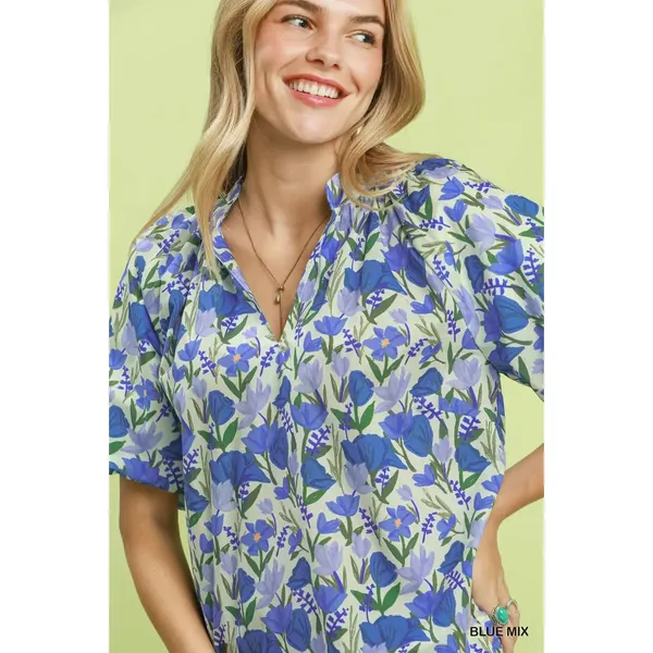 Umgee Floral Puff Sleeve Blouse with Scalloped Details‎ - Medium - Image 5