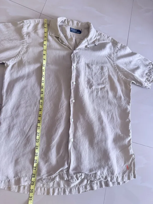 . Vintage 90s Polo Ralph Lauren Camp Shirts Mens L Linen Beige Classic Shirt Butt - Image 8