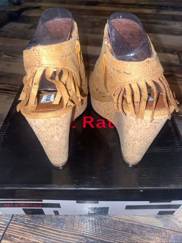 Not Rated Tan Suede Fringe Delight Laser-Cut Cork Wedge Sandals - Image 4