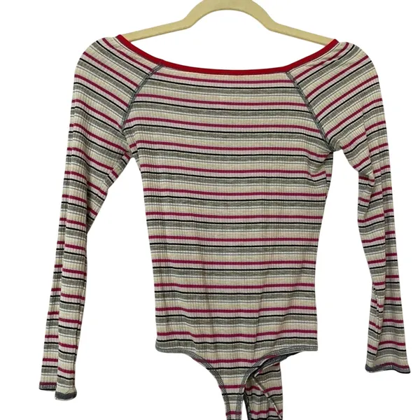 Free People Striped Ribbed Off Shoulder Bodysuit Womens XS Sweetheart Neckline - Image 6