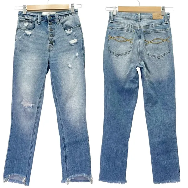 Abercrombie & Fitch A&F Mom Jean Button Fly Crop Medium Wash Raw Hem Size 25 | 0 - Image 3