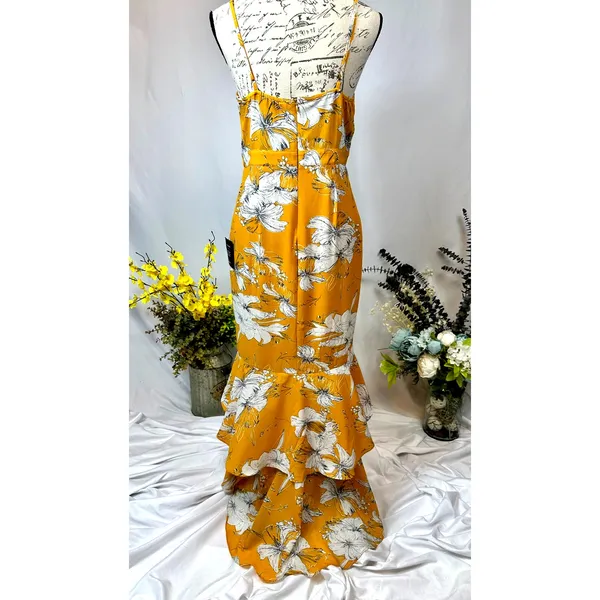 Lulu’s Darling Daylily Mustard Yellow Floral Print High-Low Maxi Dress M - Image 12