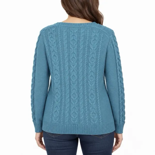 LL Bean Teal Double L Mixed Cable Cotton Crew Neck Pullover Sweater Size LARGE - Image 2
