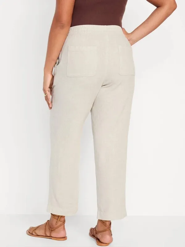 Old Navy Relaxed Linen Beach Pants Lounge Pants High Rise Straight Leg Beige Tan - Image 2