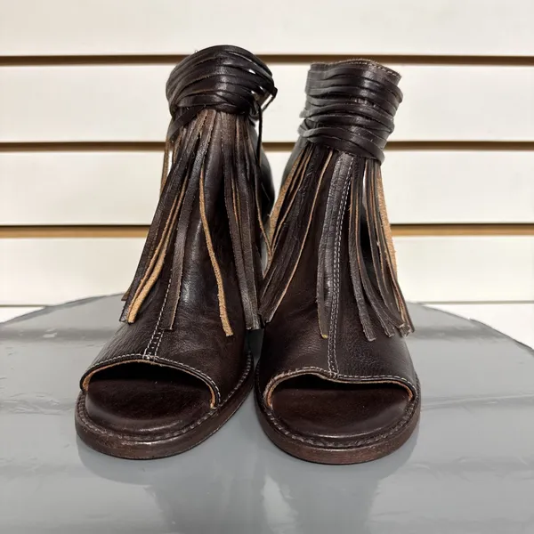 Bed Stu Onset Olivia Women's 6.5 Peep Toe Fringe Booties Brown Leather Heel Boho - Image 5