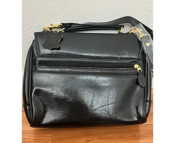 Vintage 80s Black faux leather satchel bag w/top handle detachable strap - Image 9