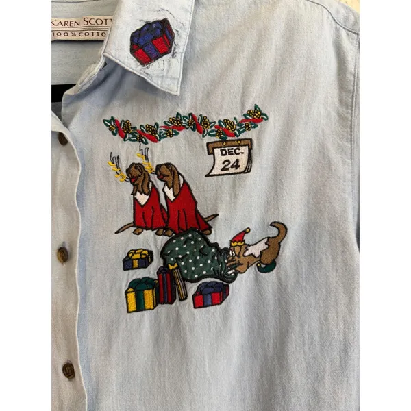 Karen Scott Button Down Shirt Blue M Women Christmas Dogs Embroidered Chambray - Image 4