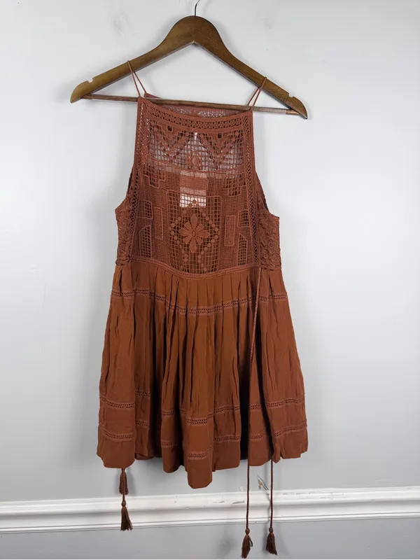 New Free People Emily Crochet copper brown Dress Size XS Boho - Image 5