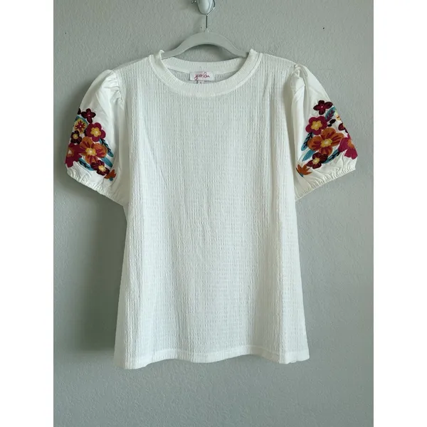 Jess Lea Top Women's Large‎ White Sand Embroidered Puff Sleeve Peasant Blouse - Image 9