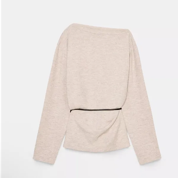 Zara NWT asymmetrical long sleeve top faux leather tie belt light beige marl - Image 8