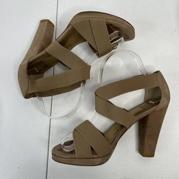 Stuart Weitzman Size 38 US 7.5 Heels‎ Elastic Strap Wrap Tan Suede High Chunky - Image 2
