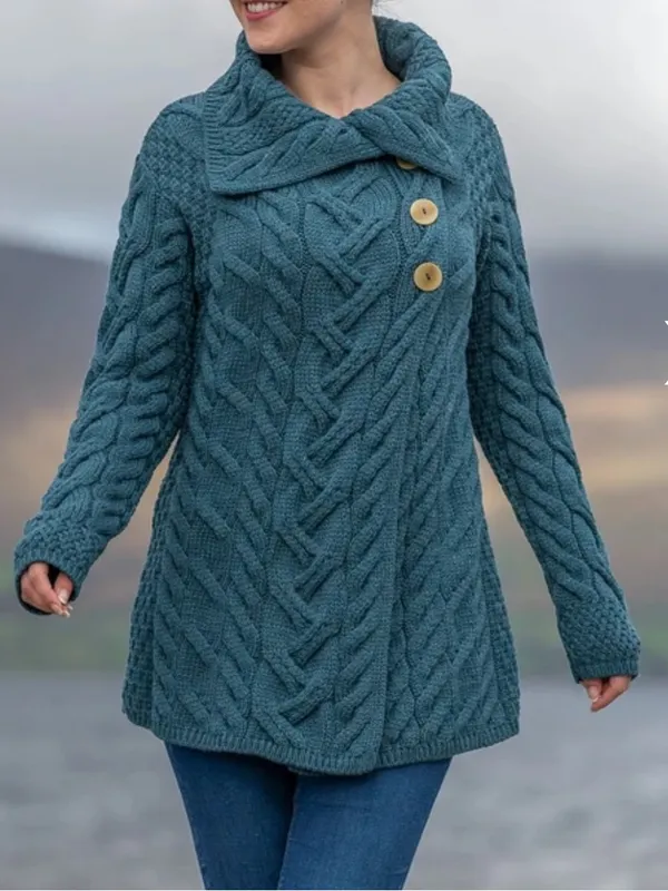 Aran Woollen Mills 3 Button Long Supersoft Merino Wool Cableknit Cardigan Blue - Image 9
