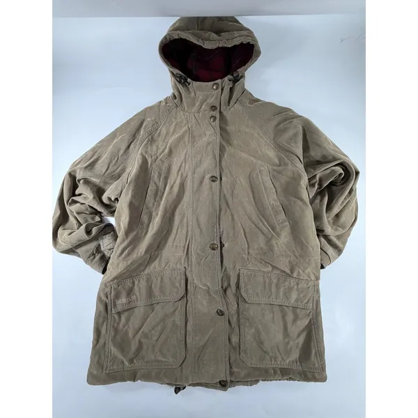 Woolrich John Rich & Bros Womens Khaki Plaid Lined Hooded Field Jacket M 16001 - Image 2