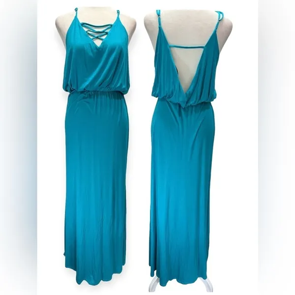 Turquoise Maxi Dress Knit Strappy Backless ModCloth by South Grand Size Medium - Image 2