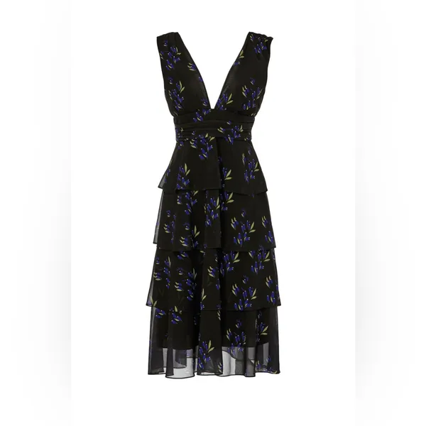 AMUR Fionna Tiered Ruffle Sleeveless‎ Midi Dress Black Floral Women's Size 6 - Image 3
