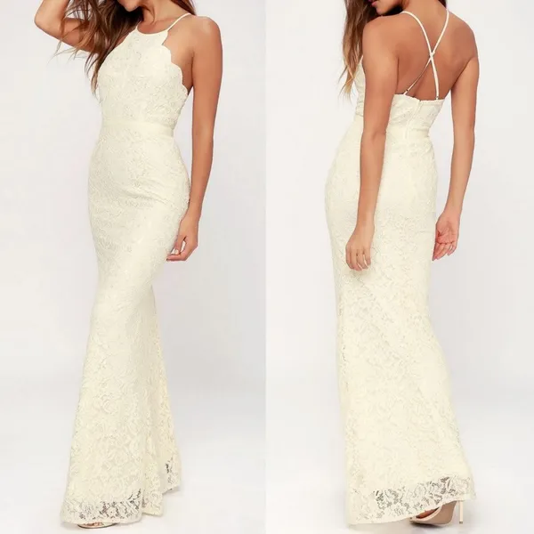 Lulu's Zenith Floral Lace Maxi Dress Scalloped High Neck Gown Cream‎ Small - Image 2