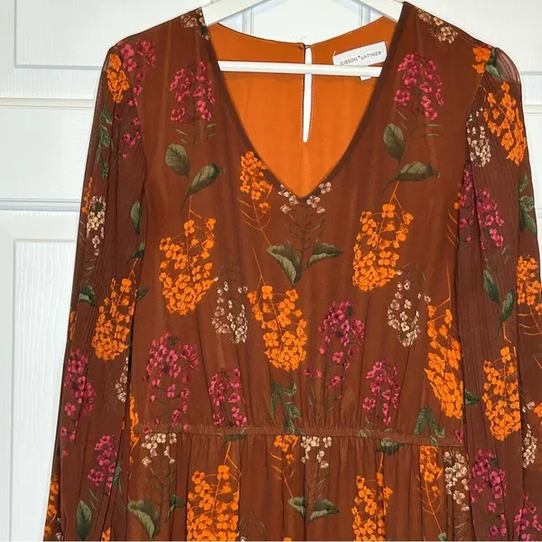 Gibson Latimer Floral‎ Print Long Sleeve Midi Dress Brown Orange Size Unknown - Image 4