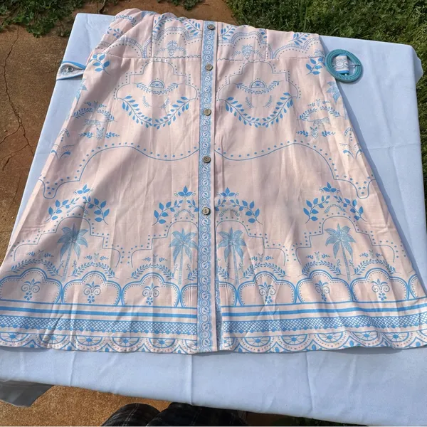 YOZY Pink Blue Palm Print Shirt Dress Belted Linen Blend Size L (8-10) - Image 11