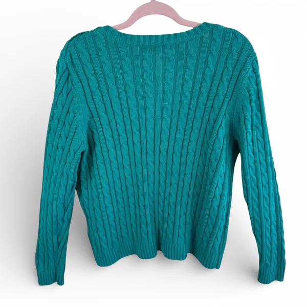 Lands' End Womens XL Teal Green 100% Cotton Cable Knit Shoulder Button Sweater - Image 2