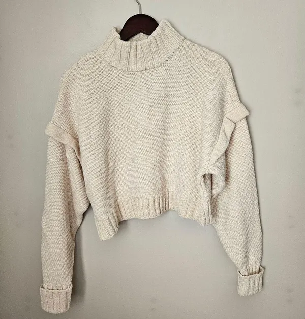 Urban Outfitters Sweater Cozy Cream Turtleneck Ruffle Cropped Neutral Chenille - Image 10