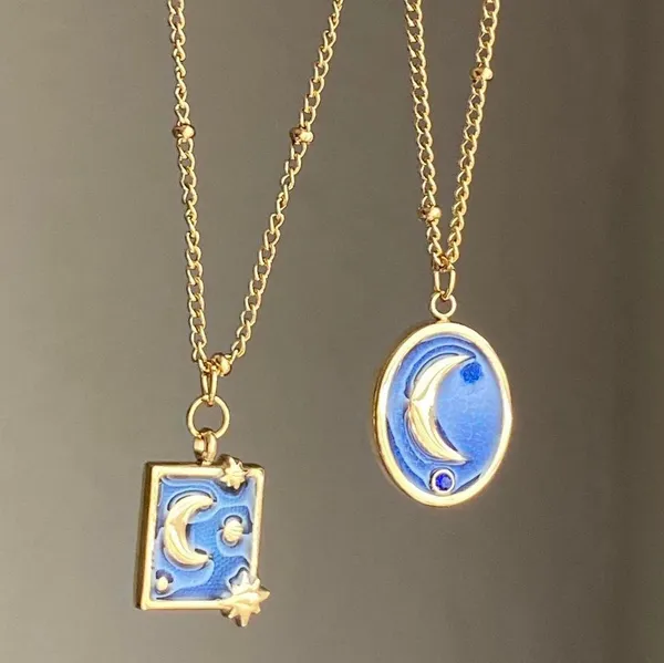 Handmade gold stainless steel blue celestial whimsical chic moon necklace🌟 - Image 7